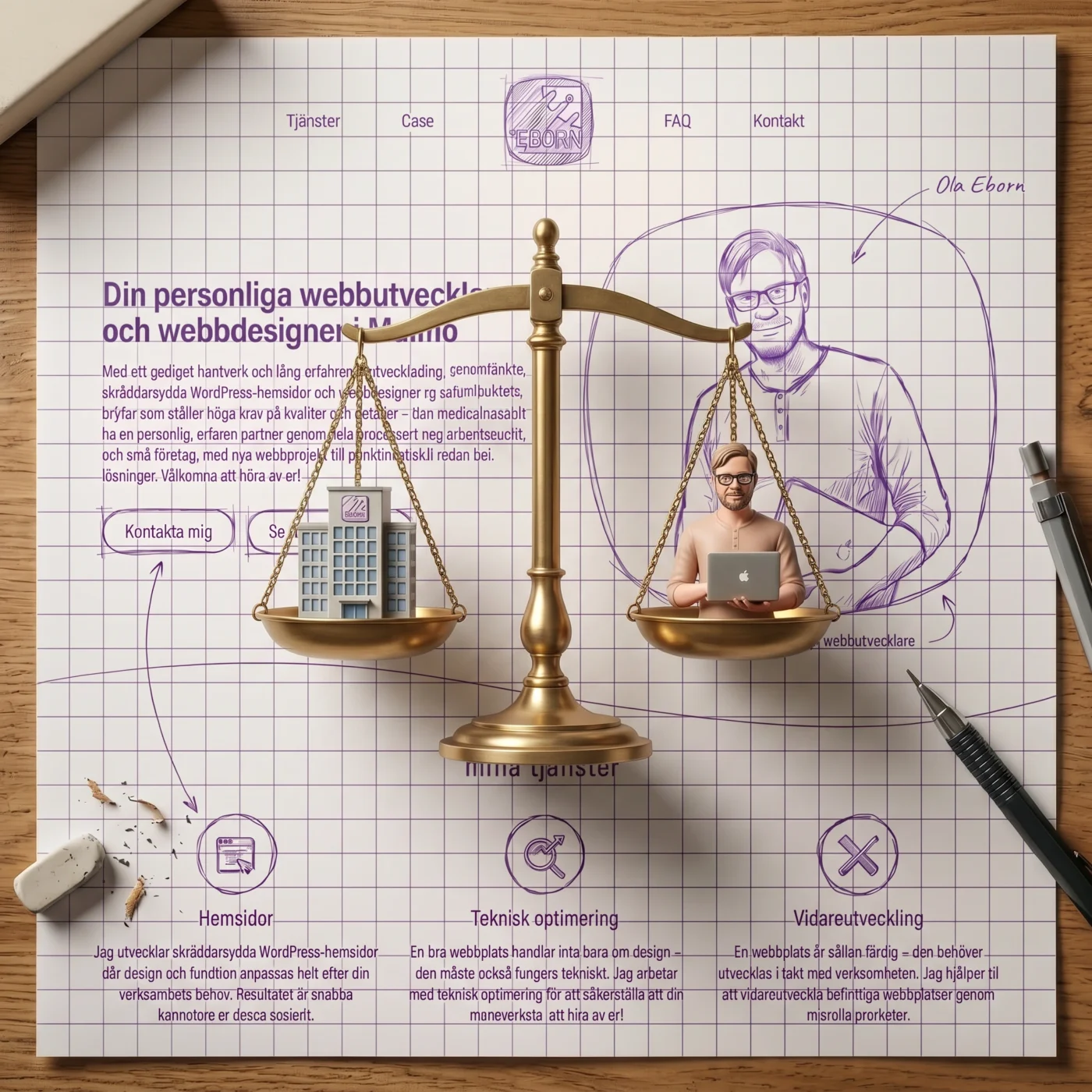 Balansvåg som visar val mellan webbyrå och frilansare