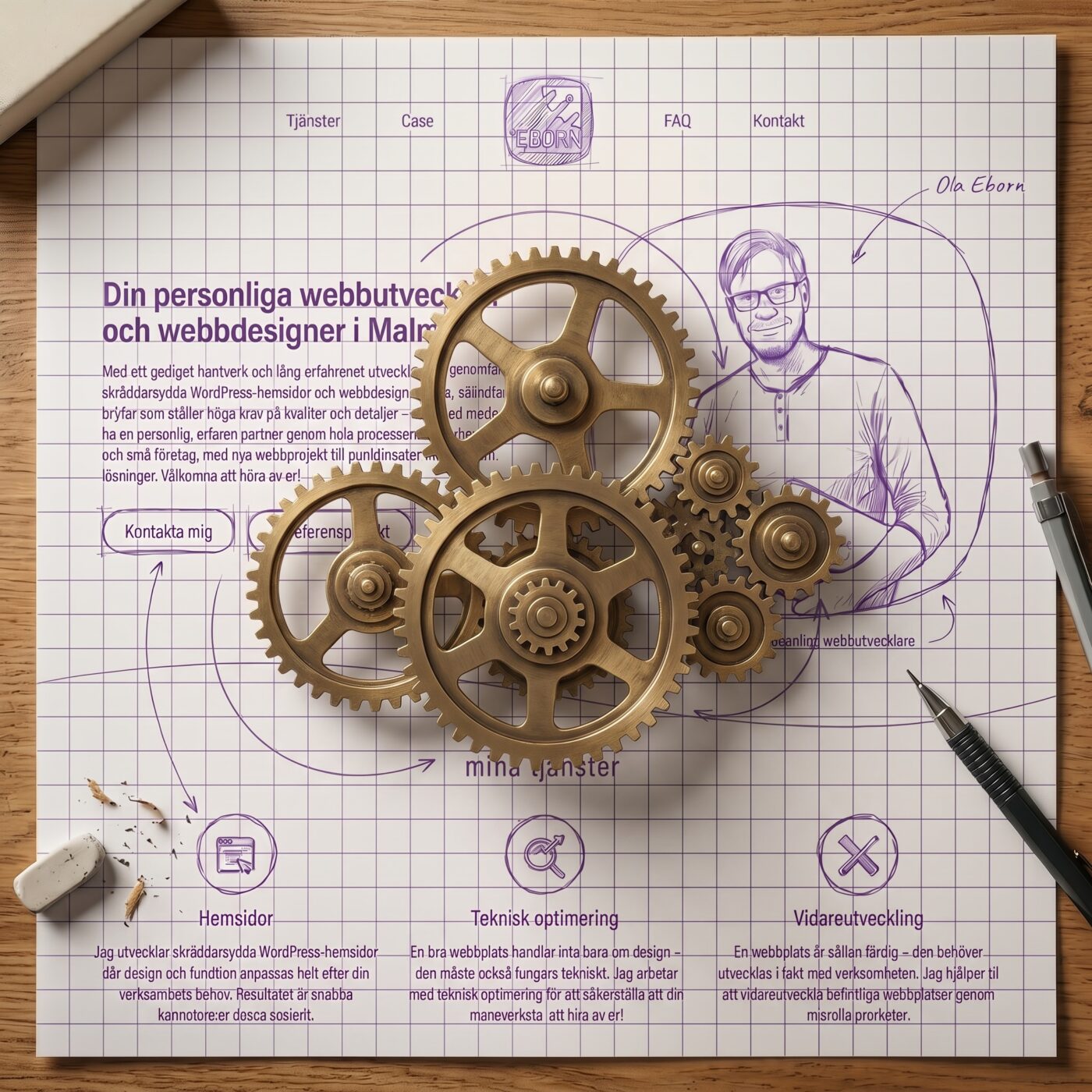 Kugghjul som symboliserar hur olika delar i en hemsida hänger ihop