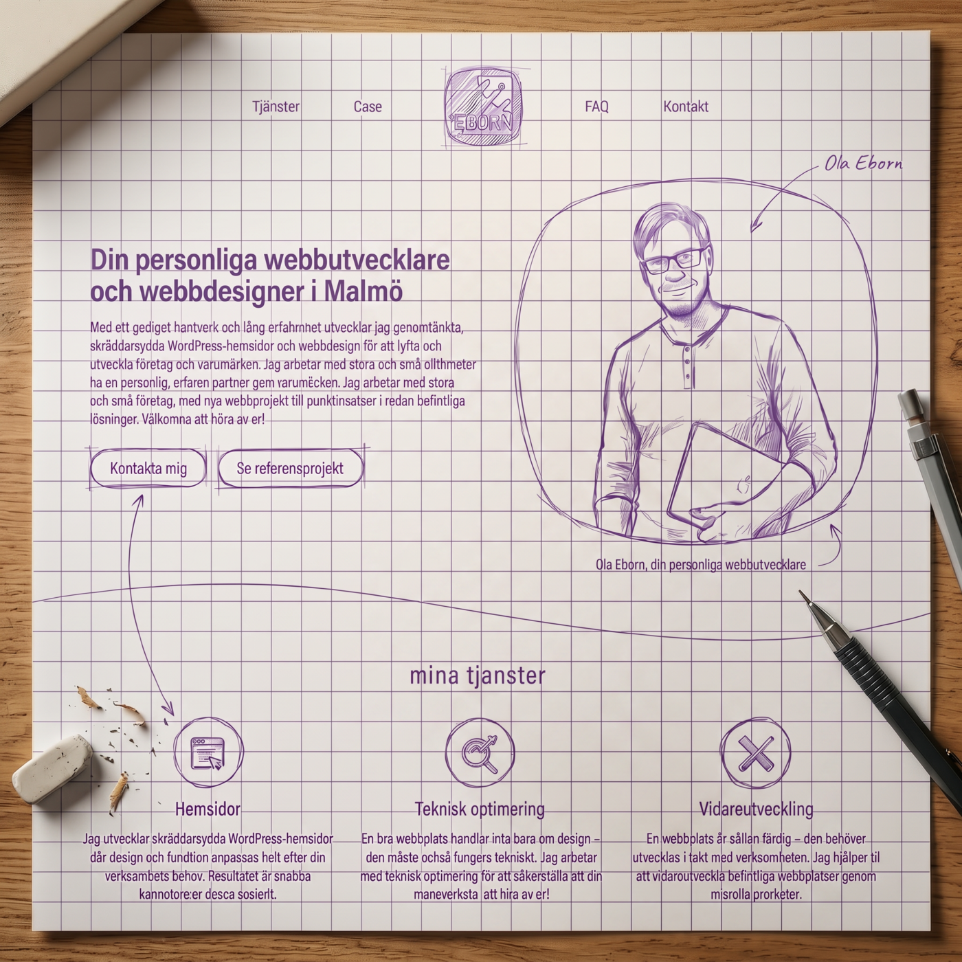 Skiss i blueprint-stil av en hemsida som visar struktur och planering av webbdesign